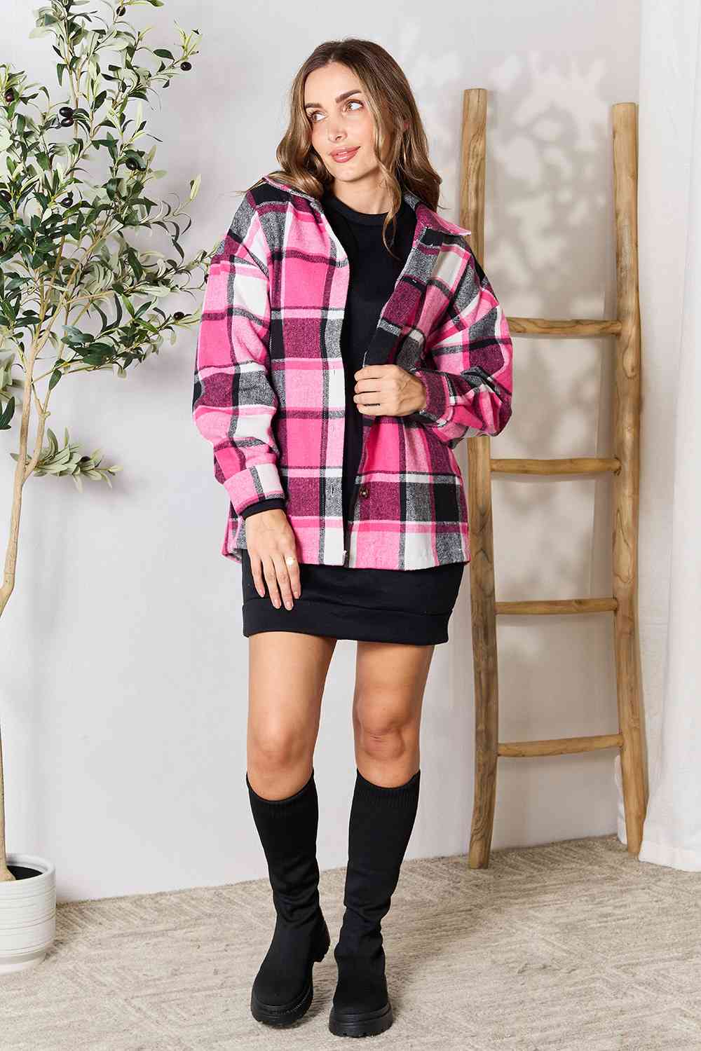 Double Take Plaid Button Up Collared Neck Jacket - TRENDMELO