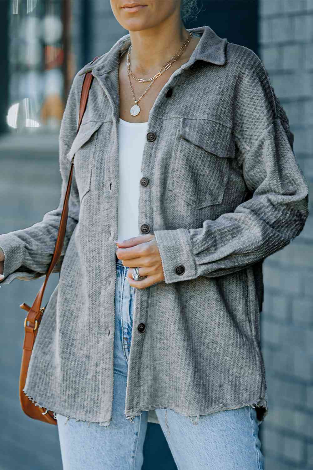 Textured Button Down Shirt Jacket with Pockets - TRENDMELO