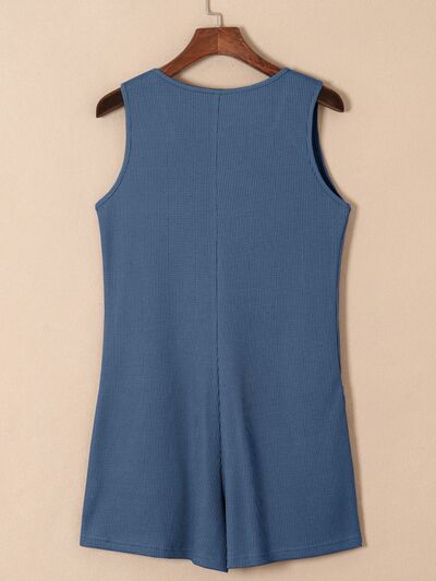 Waffle-Knit Half Button Sleeveless Romper with Pockets - TRENDMELO