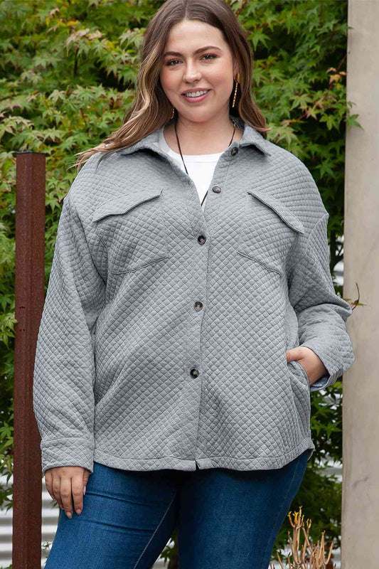 Plus Size Collared Neck Button Up Pocketed Jacket - TRENDMELO