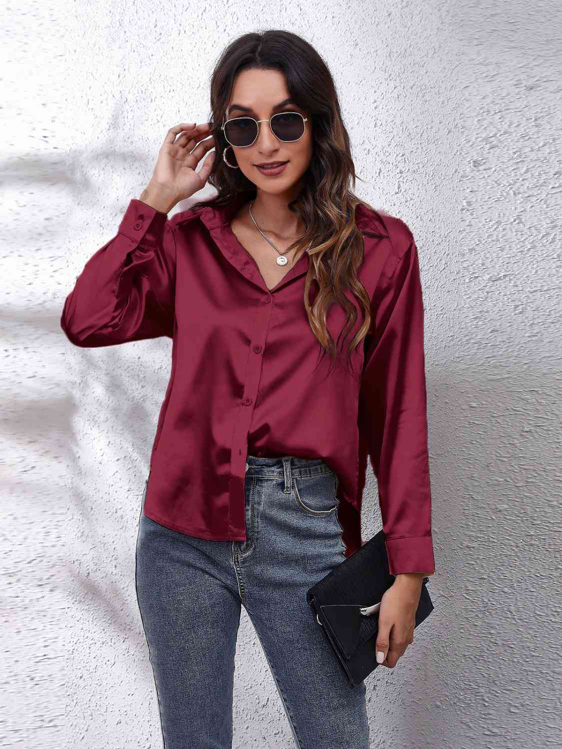 Collared Neck Buttoned Long Sleeve Shirt - TRENDMELO