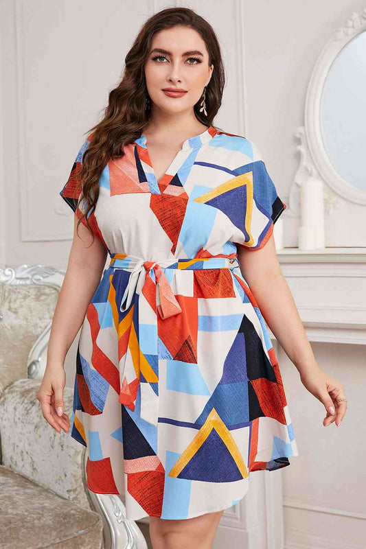 Plus Size Notched Neck Tie Waist Dress - TRENDMELO