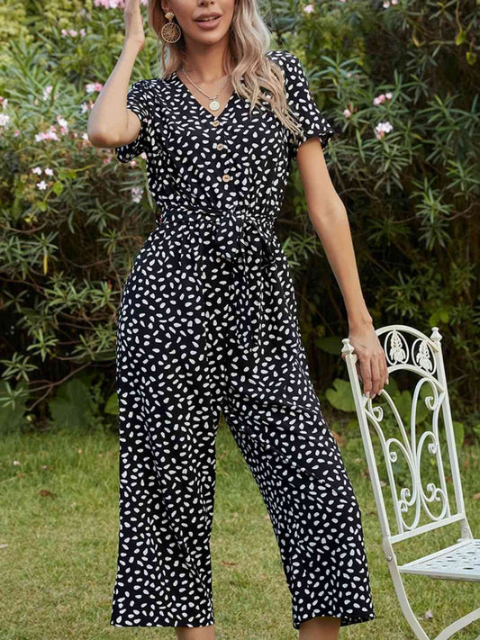 Printed V-Neck Short Sleeve Jumpsuit - TRENDMELO