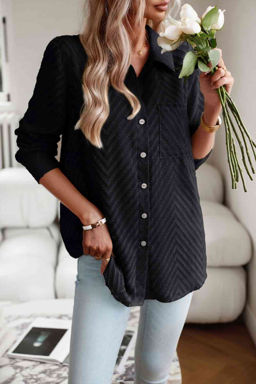 Collared Neck Long Sleeve Pocketed Shirt - TRENDMELO