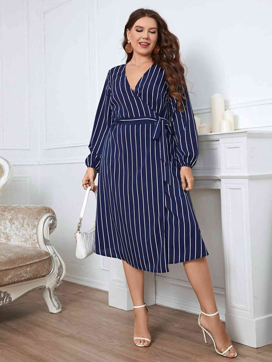 Melo Apparel Plus Size Striped Surplice Neck Long Sleeve Dress - TRENDMELO