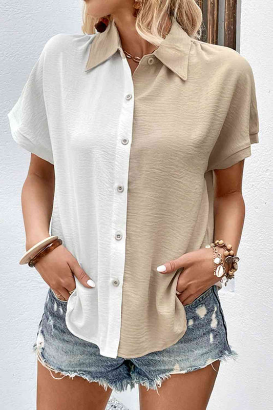 Two-Tone Contrast Short Sleeve Shirt - TRENDMELO