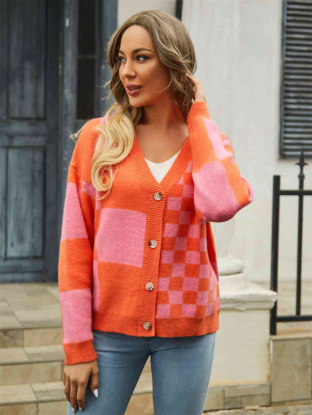 Plaid V-Neck Dropped Shoulder Cardigan - TRENDMELO