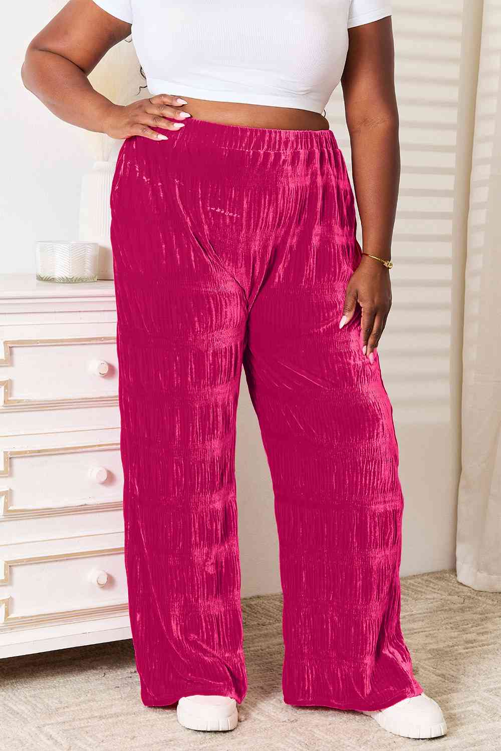 Double Take Full Size High Waist Tiered Shirring Velvet Wide Leg Pants - TRENDMELO