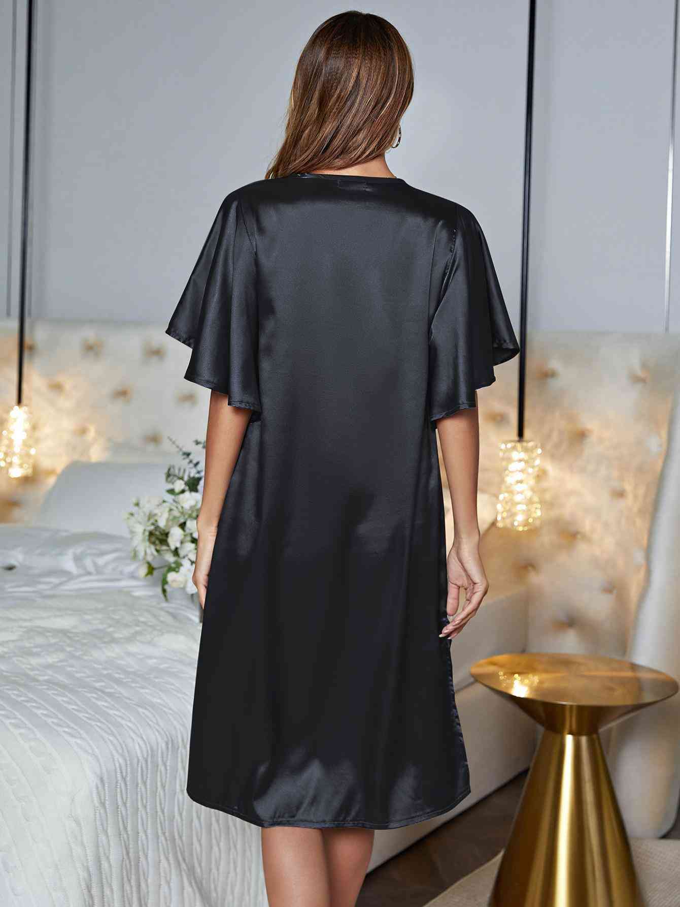 V-Neck Flutter Sleeve Night Dress - TRENDMELO