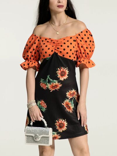 Ruched Polka Dot Flounce Sleeve Dress - TRENDMELO