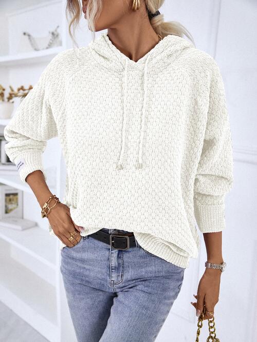 Texture Drawstring Long Sleeve Hooded Sweater - TRENDMELO