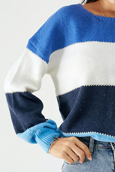 Color Block Dropped Shoulder Sweater - TRENDMELO