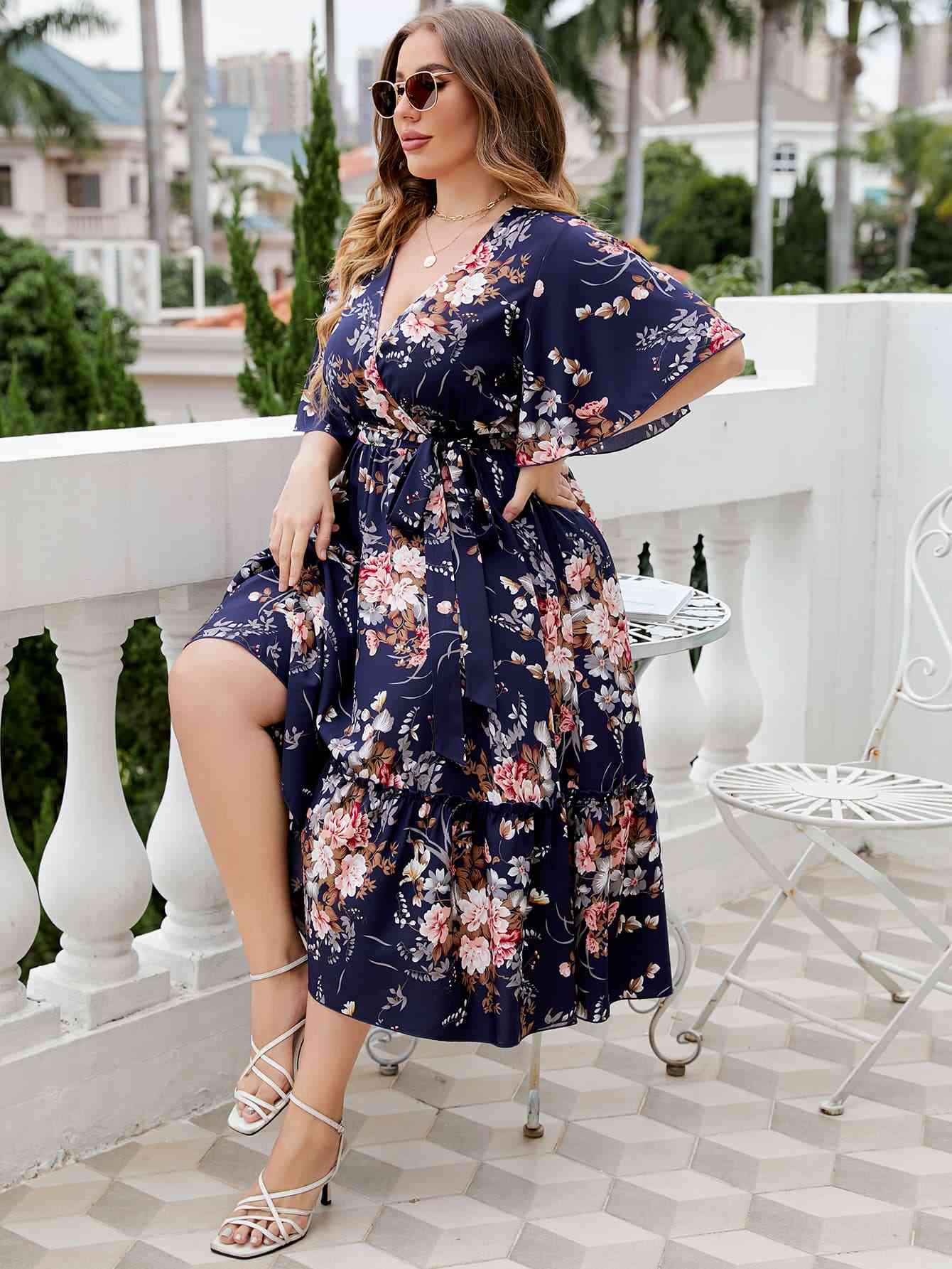 Plus Size Floral Surplice Neck Midi Dress - TRENDMELO