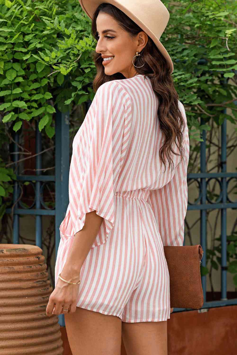 Striped Tie Front Three-Quarter Sleeve Romper - TRENDMELO