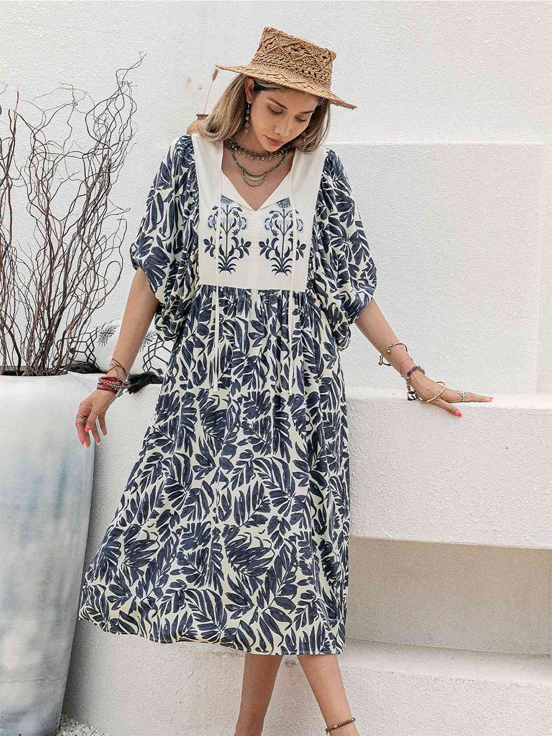 Printed Tie Neck Midi Dress - TRENDMELO