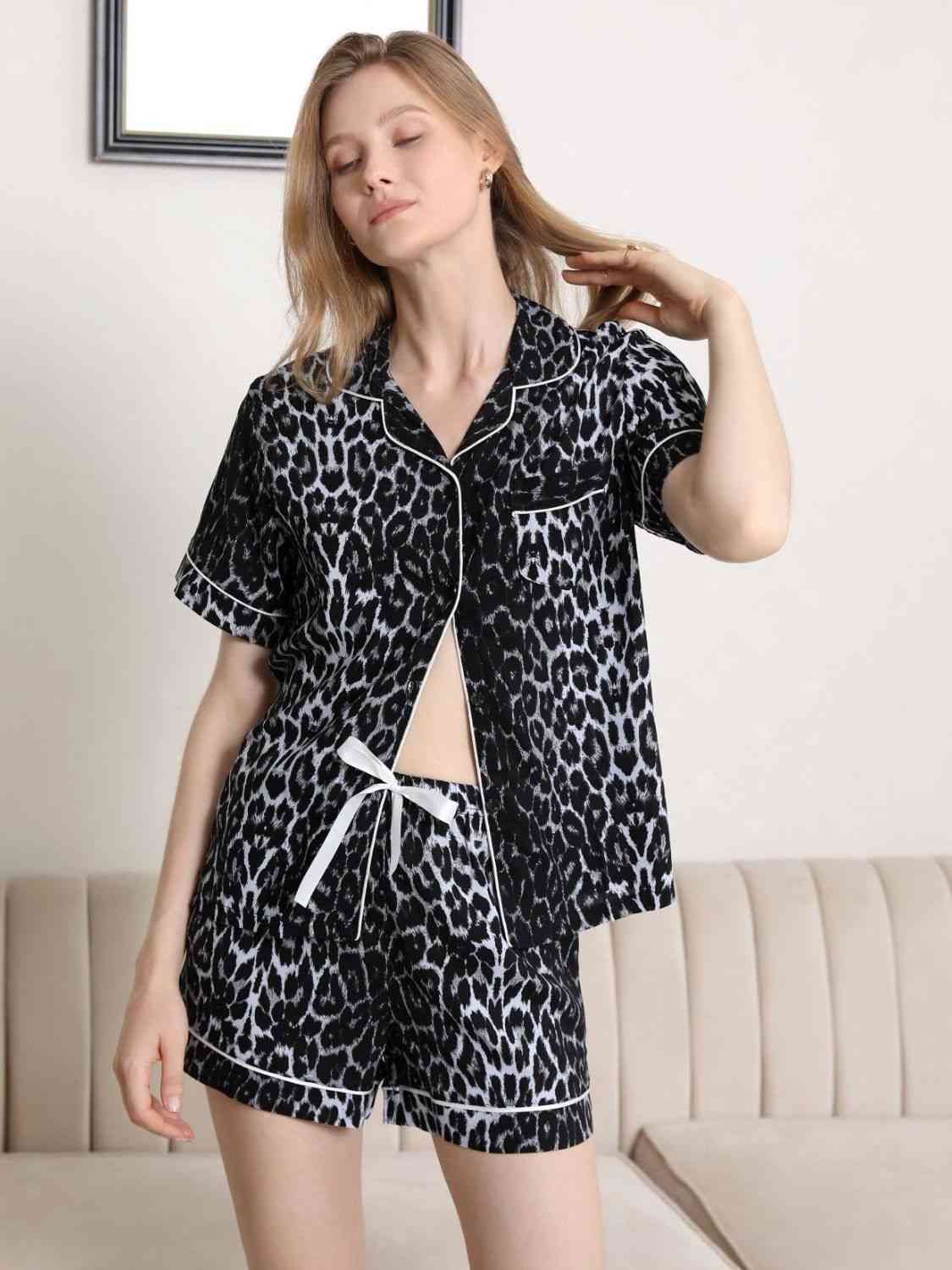 Lapel Collar Shirt and Shorts Pajama Set - TRENDMELO