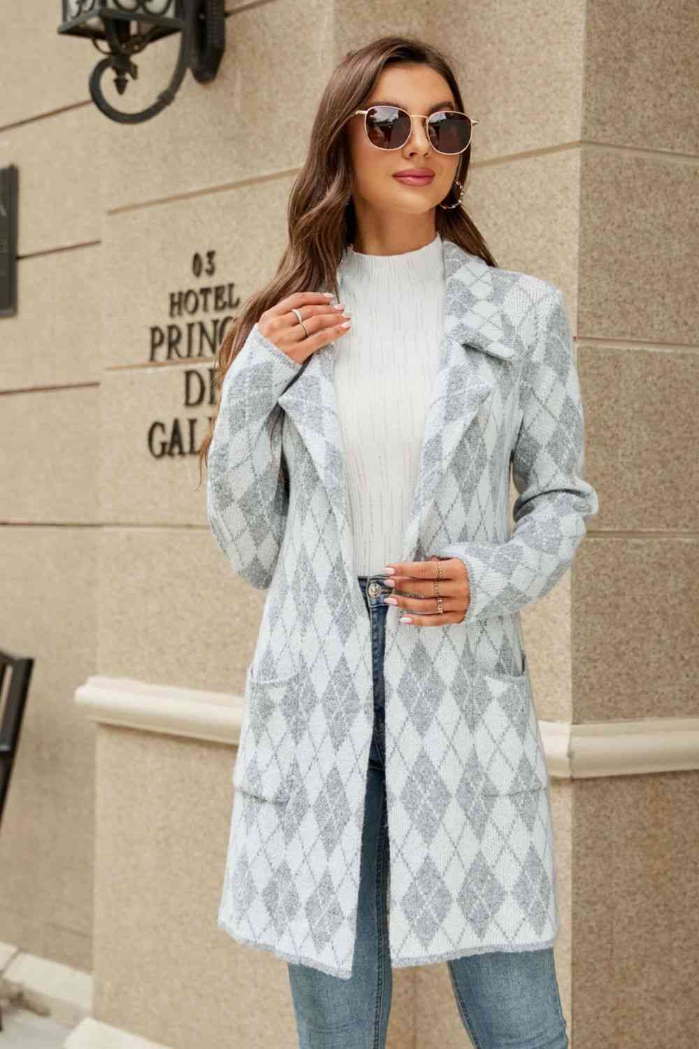 Double Take Printed Open Front Lapel Collar Cardigan with Pockets - TRENDMELO