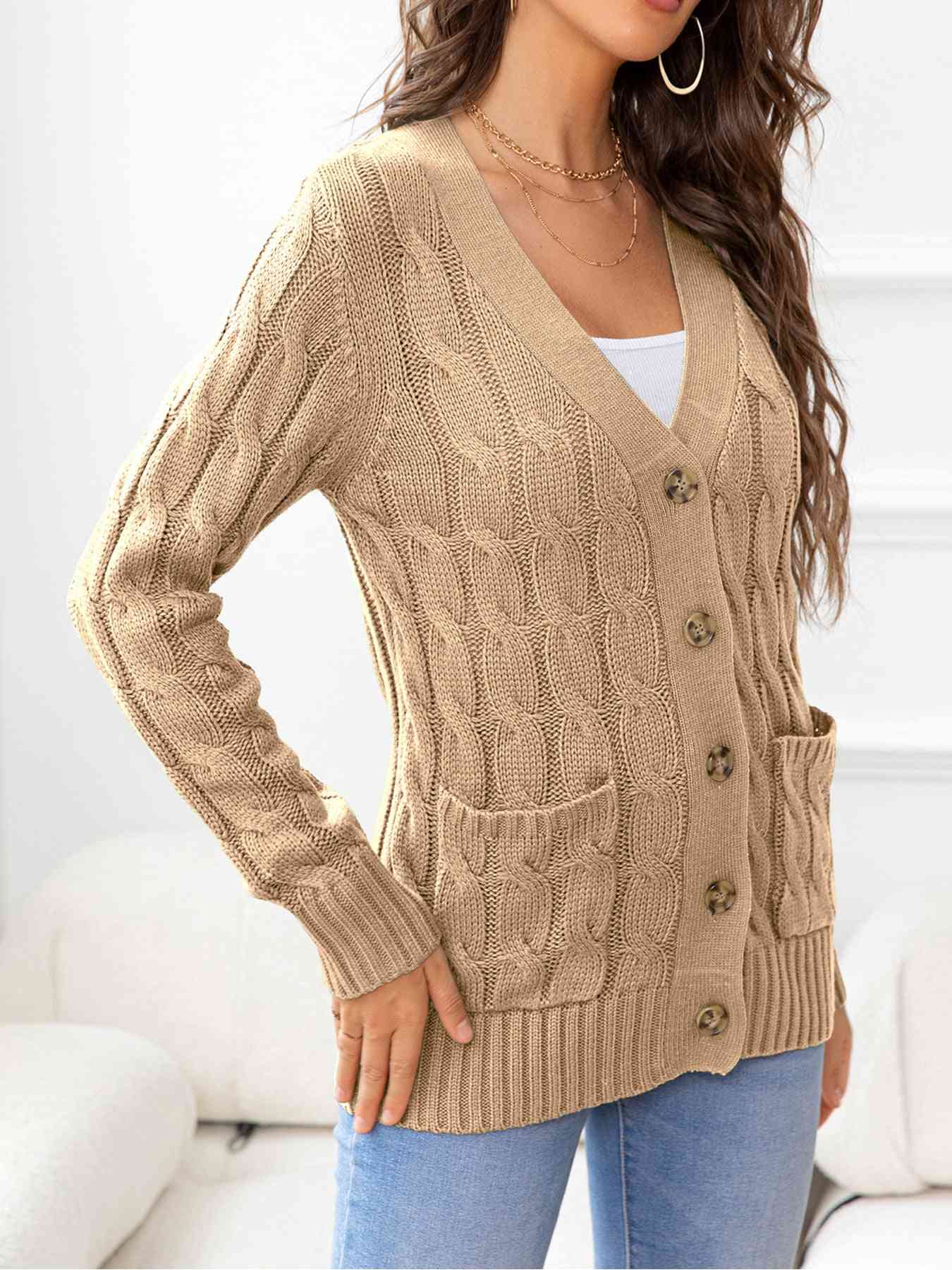 Button Down Cable-Knit Cardigan - TRENDMELO