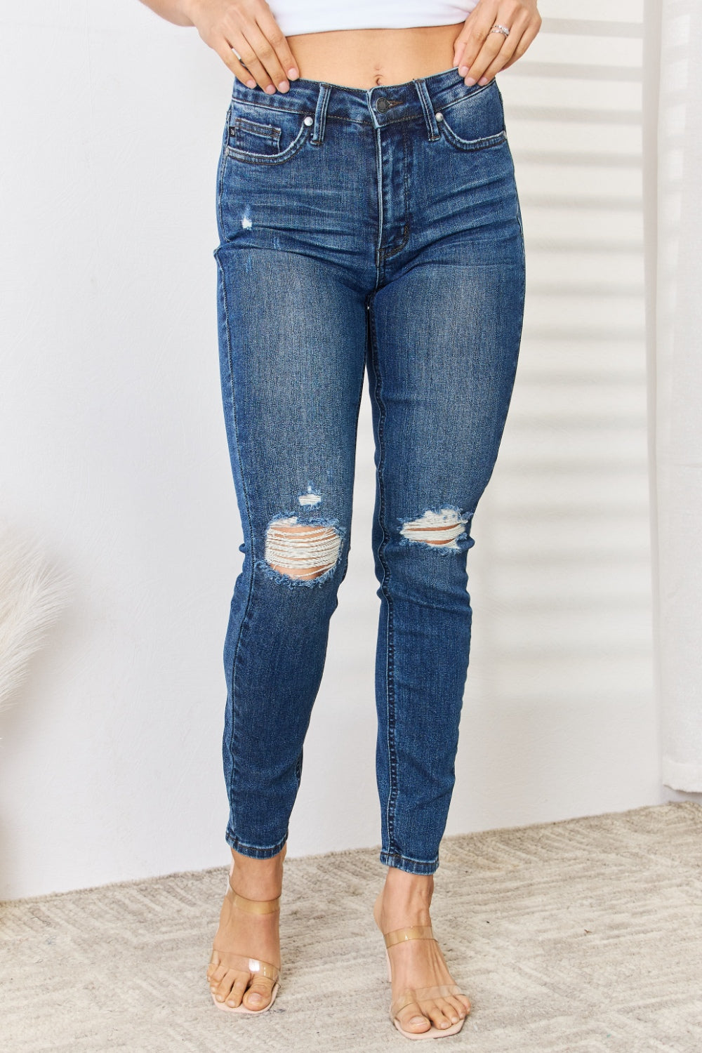 Judy Blue Full Size Mid Waist Distressed Slim Jeans - TRENDMELO