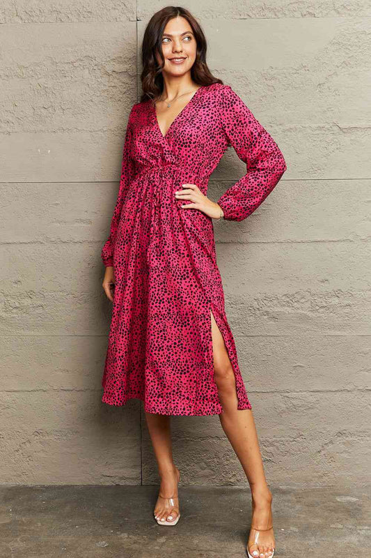 Printed Surplice Neck Long Sleeve Slit Dress - TRENDMELO