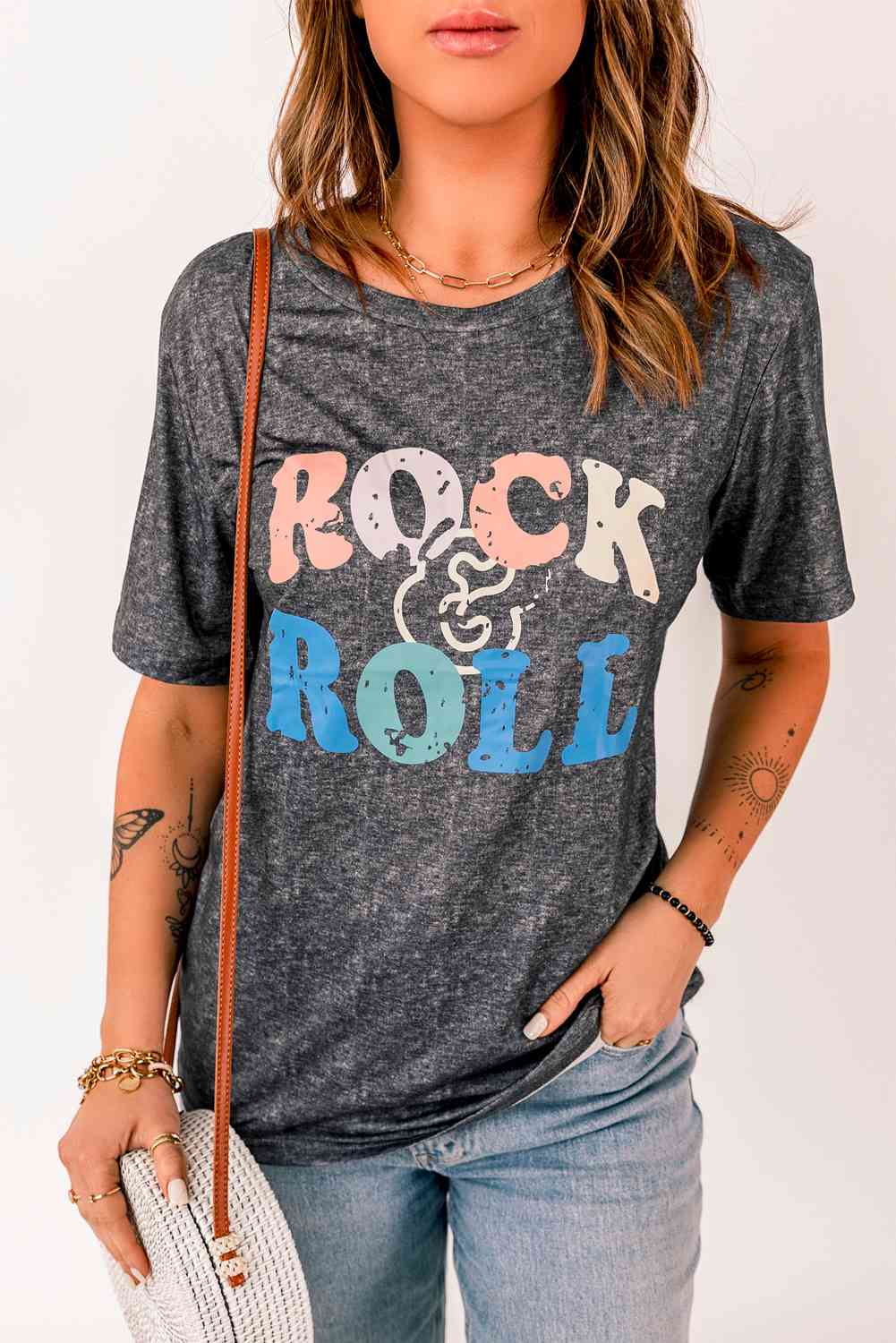 ROCK & ROLL Graphic Round Neck Short Sleeve Tee - TRENDMELO