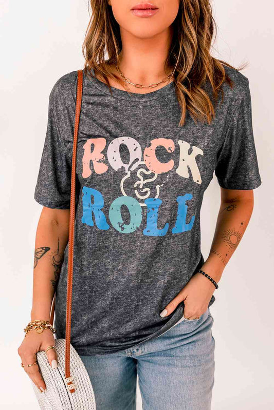 ROCK & ROLL Graphic Round Neck Short Sleeve Tee - TRENDMELO