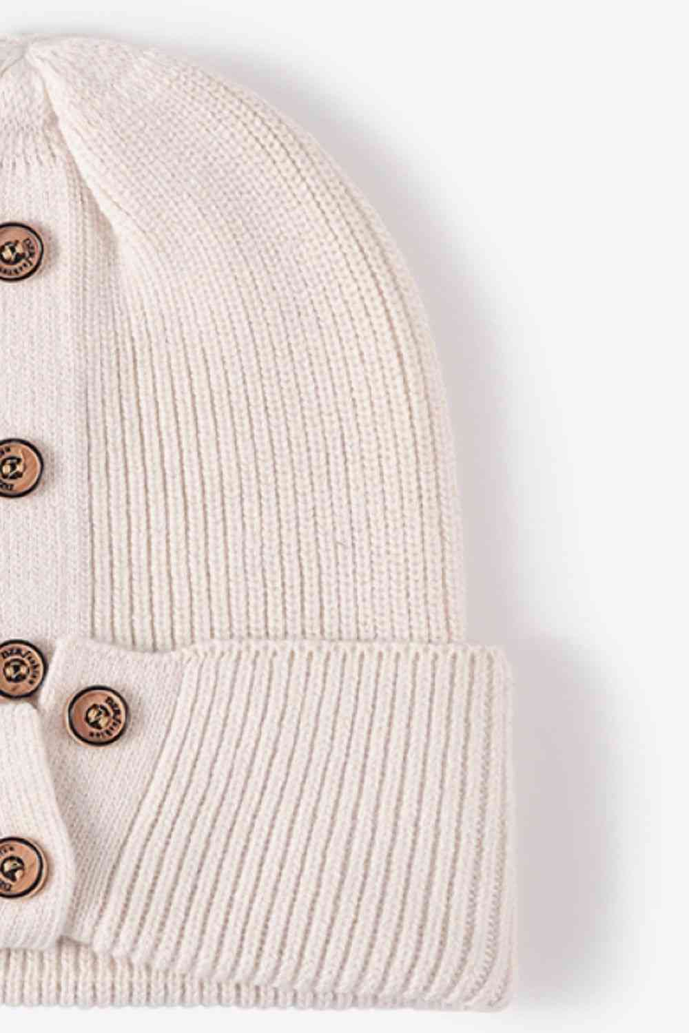 Button Detail Rib-Knit Cuff Beanie - TRENDMELO