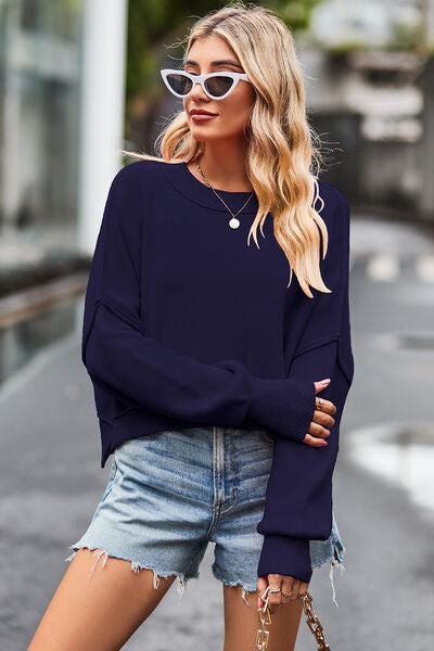 Round Neck Drop Shoulder Long Sleeve Sweater - TRENDMELO