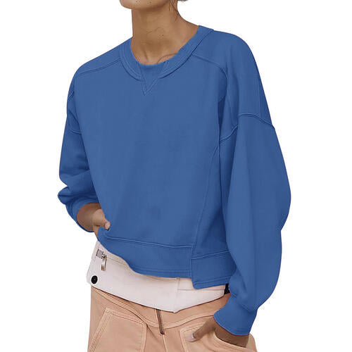 Round Neck Drop Shoulder Long Sleeve Sweatshirt - TRENDMELO