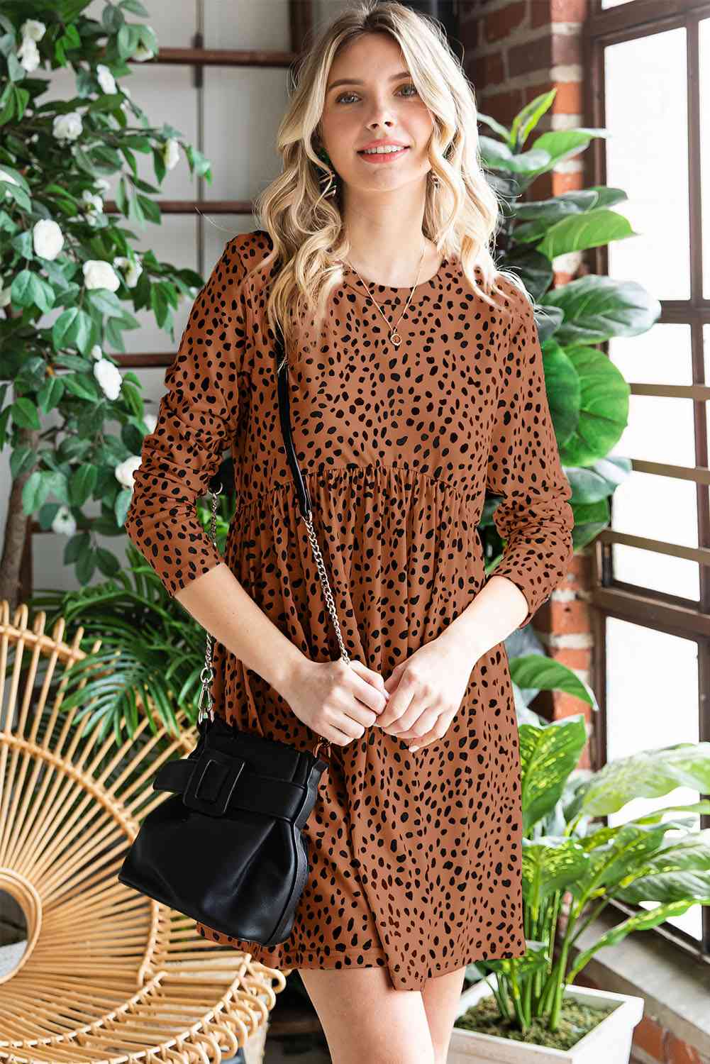 Printed Round Neck Long Sleeve Dress - TRENDMELO