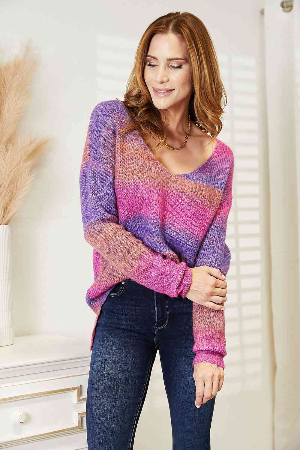 Double Take Multicolored Rib-Knit V-Neck Knit Pullover - TRENDMELO