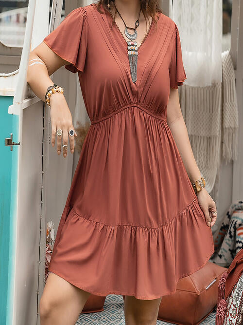 Double Take Plus Size Ruffle Hem V-Neck Short Sleeve Dress - TRENDMELO