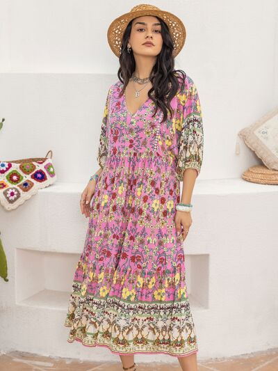 Printed V-Neck Balloon Sleeve Dress - TRENDMELO