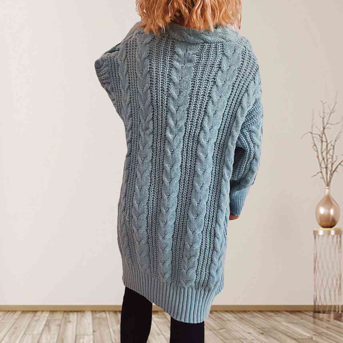 Cable-Knit Open Front Dropped Shoulder Cardigan - TRENDMELO