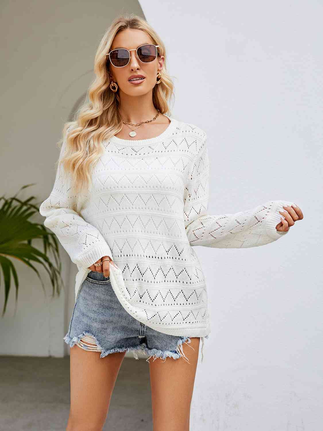 Round Neck Openwork Long Sleeve Knit Top - TRENDMELO