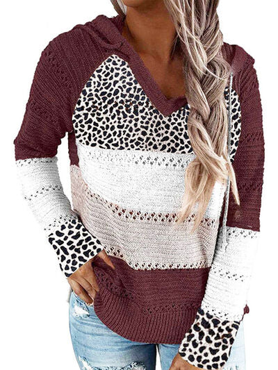 Full Size Openwork Leopard Drawstring Hooded Sweater - TRENDMELO