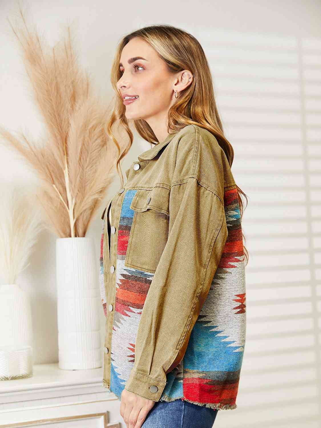 Dropped Shoulder Long Sleeve Printed Denim Jacket - TRENDMELO