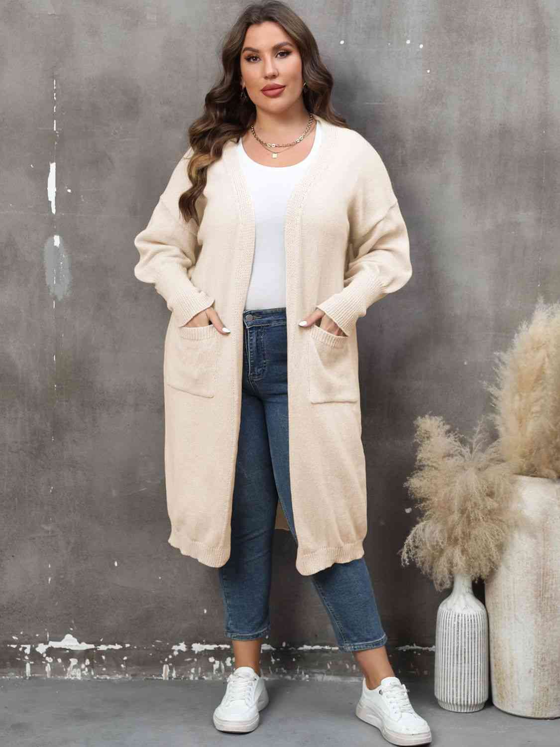 Plus Size Long Sleeve Pocketed Cardigan - TRENDMELO