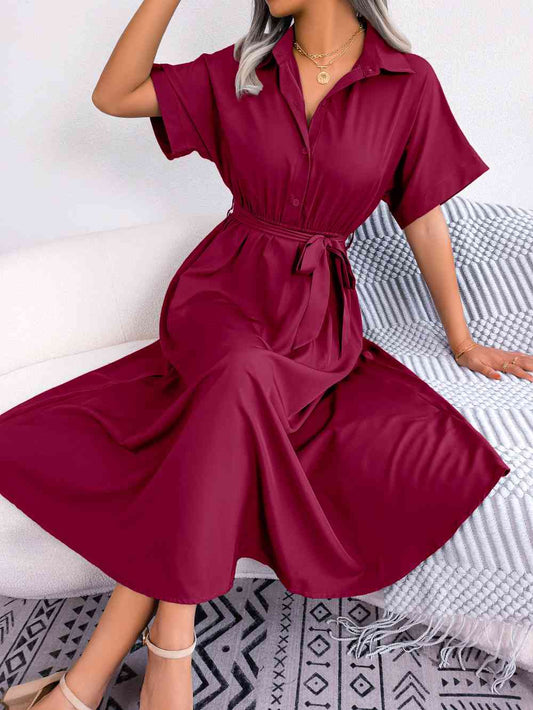 Short Sleeve Collared Tie Belt Dress - TRENDMELO