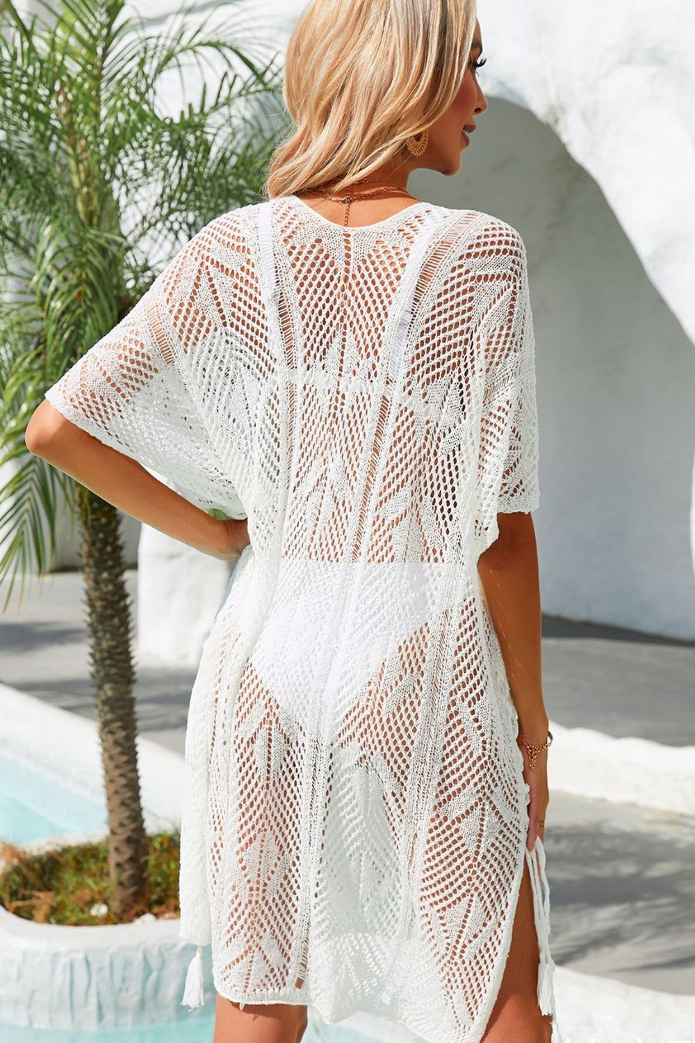 Side Slit Tassel Openwork Cover-Up Dress - TRENDMELO