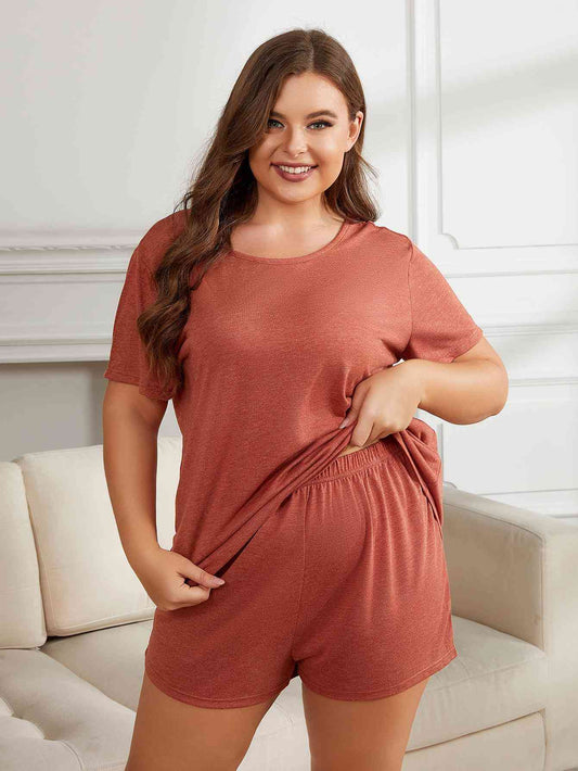 Plus Size Round Neck Short Sleeve Two-Piece Loungewear Set - TRENDMELO