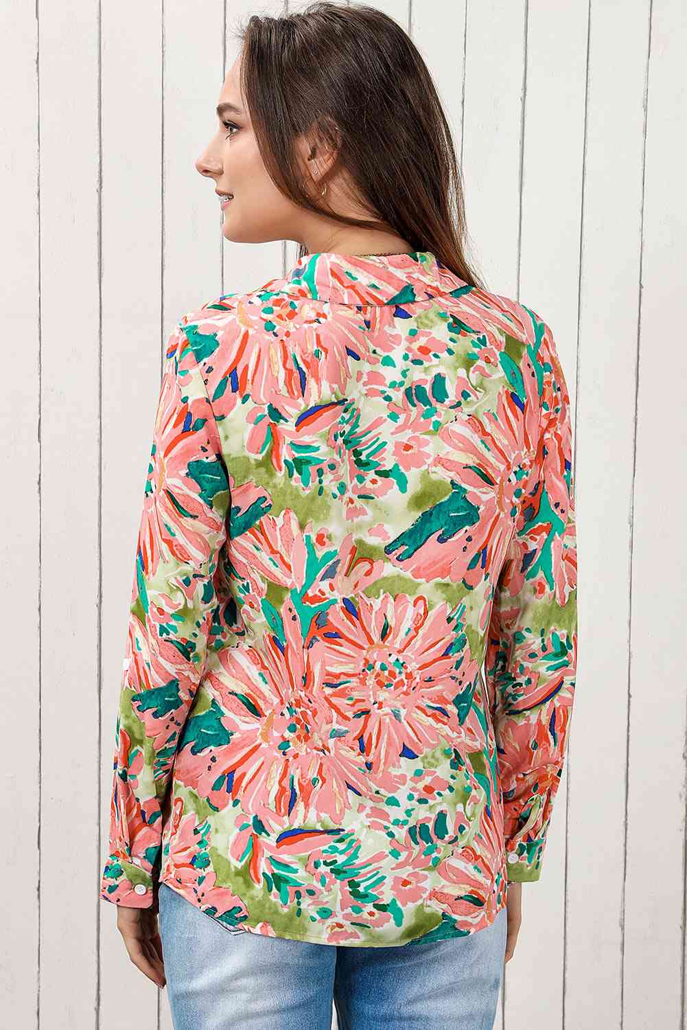 Double Take Floral Long Sleeve Collared Shirt - TRENDMELO