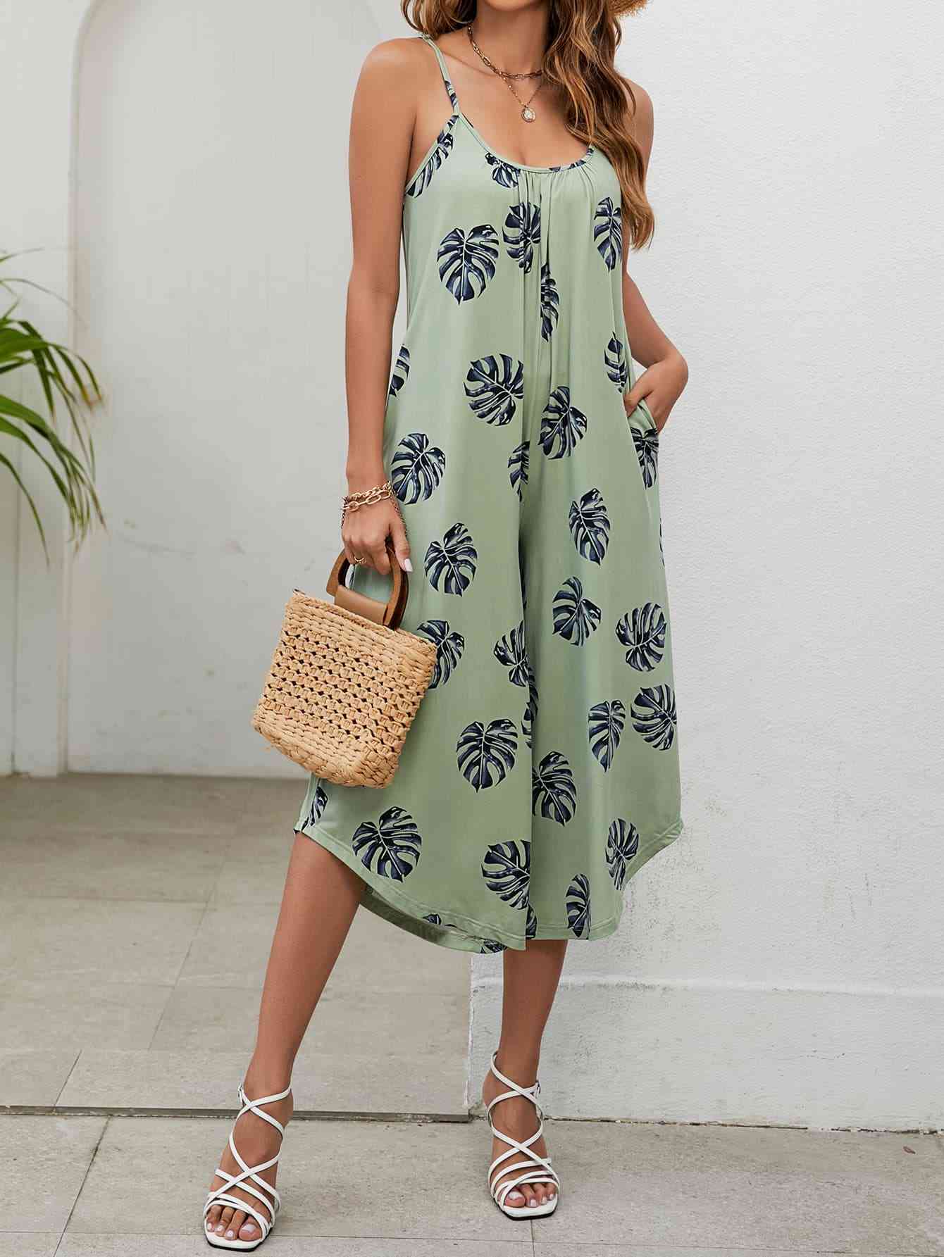 Botanical Print Spaghetti Strap Scoop Neck Jumpsuit - TRENDMELO