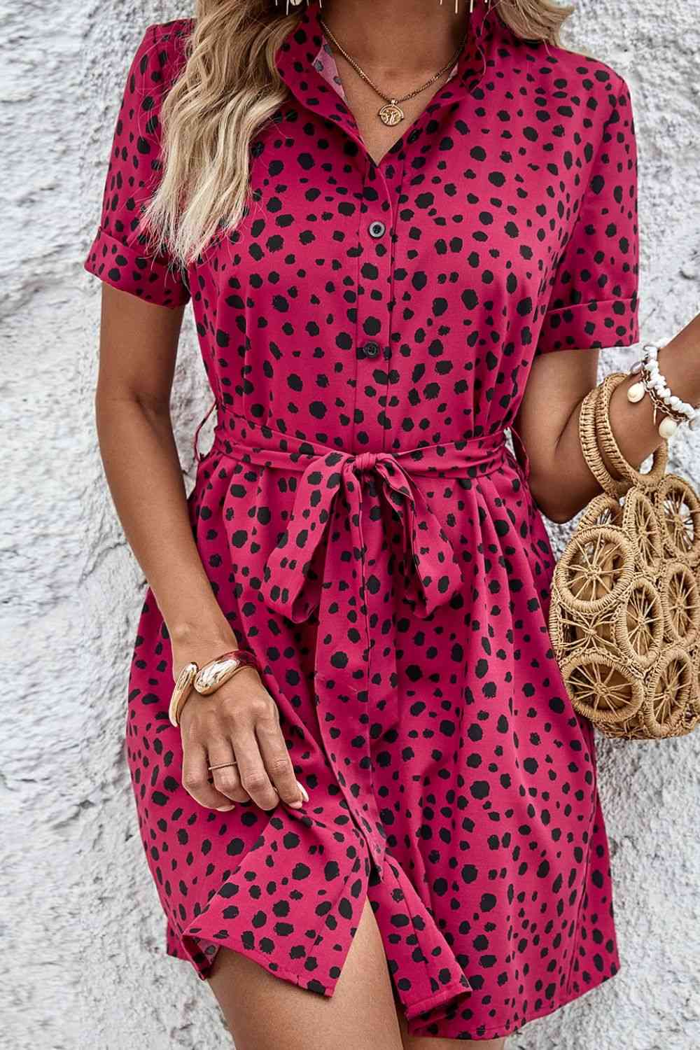 Dotted Short Sleeve Tie Belt Dress - TRENDMELO