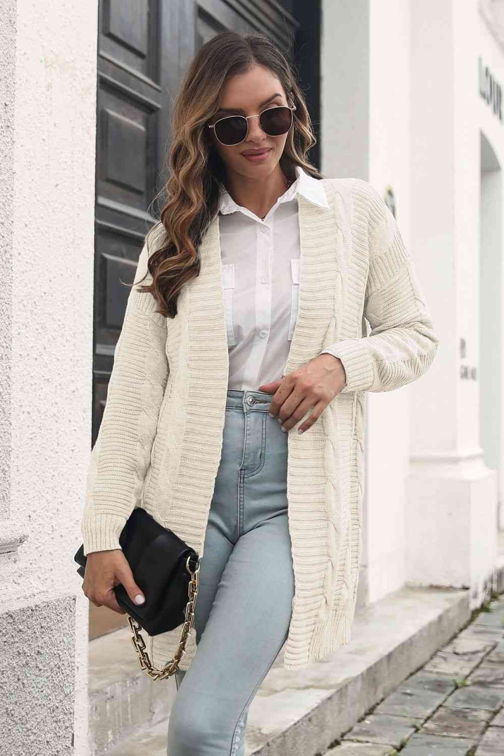 Open Front Cable-Knit Cardigan - TRENDMELO