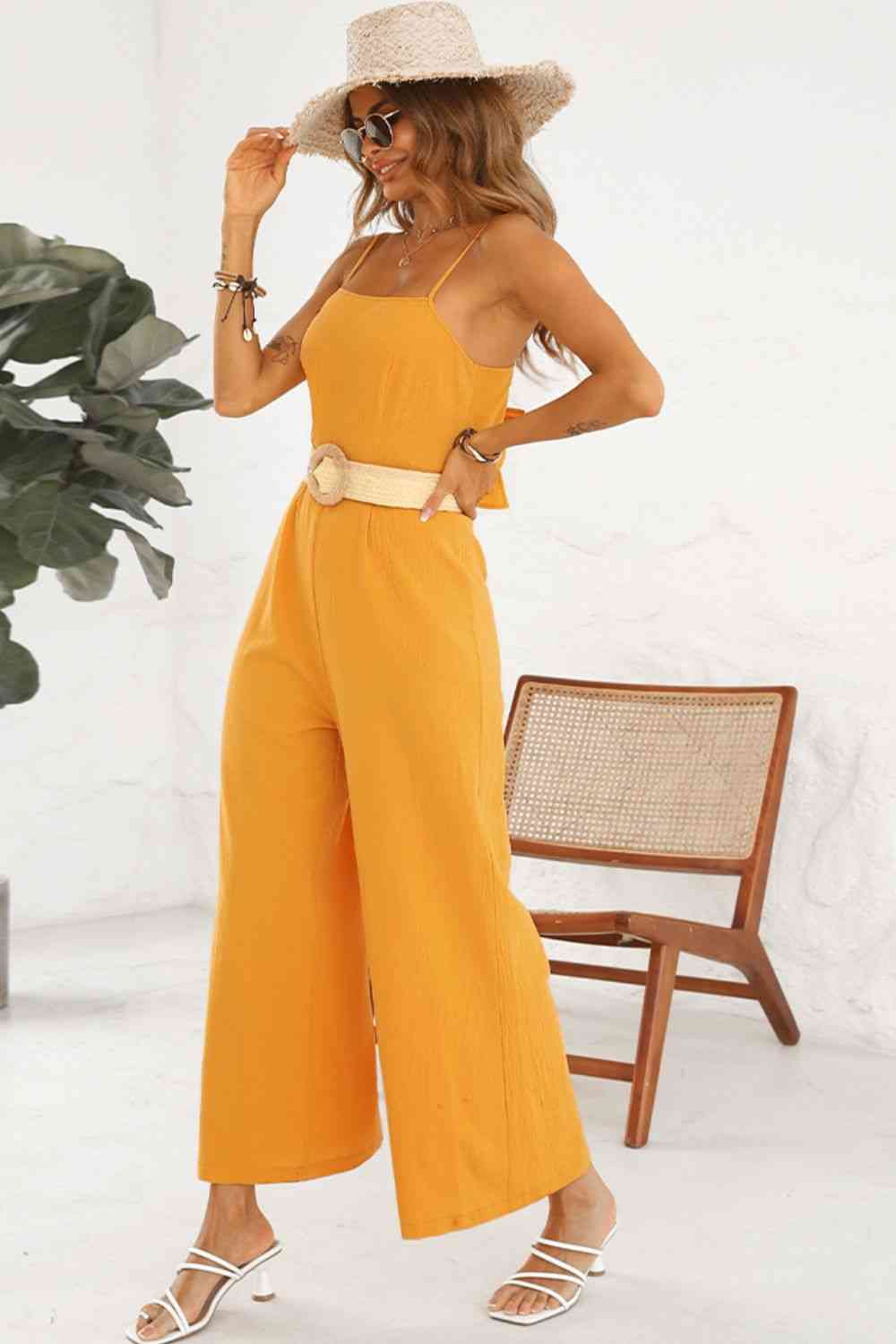 Cutout Spaghetti Strap Tie Back Wide Leg Jumpsuit - TRENDMELO