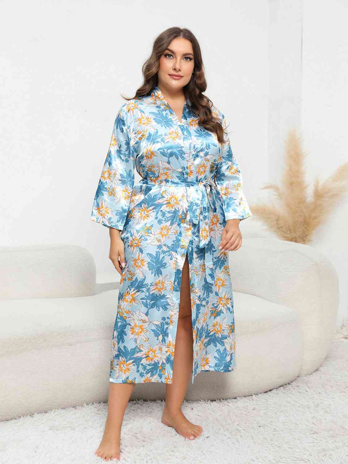 Plus Size Tie Waist Robe - TRENDMELO