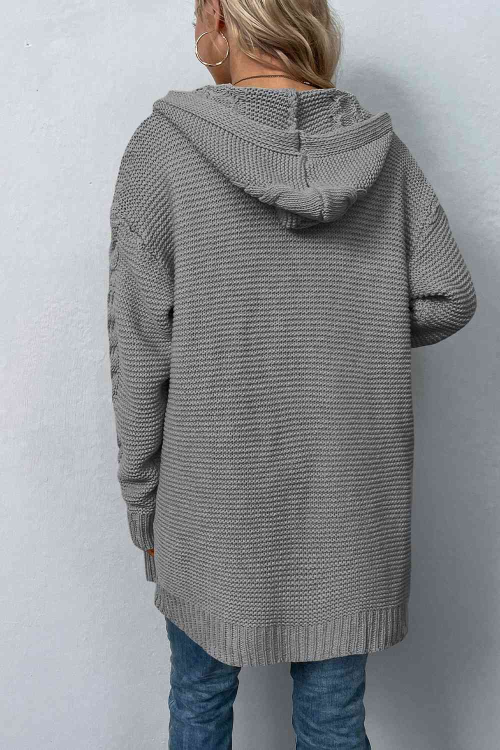 Cable-Knit Dropped Shoulder Hooded Cardigan - TRENDMELO