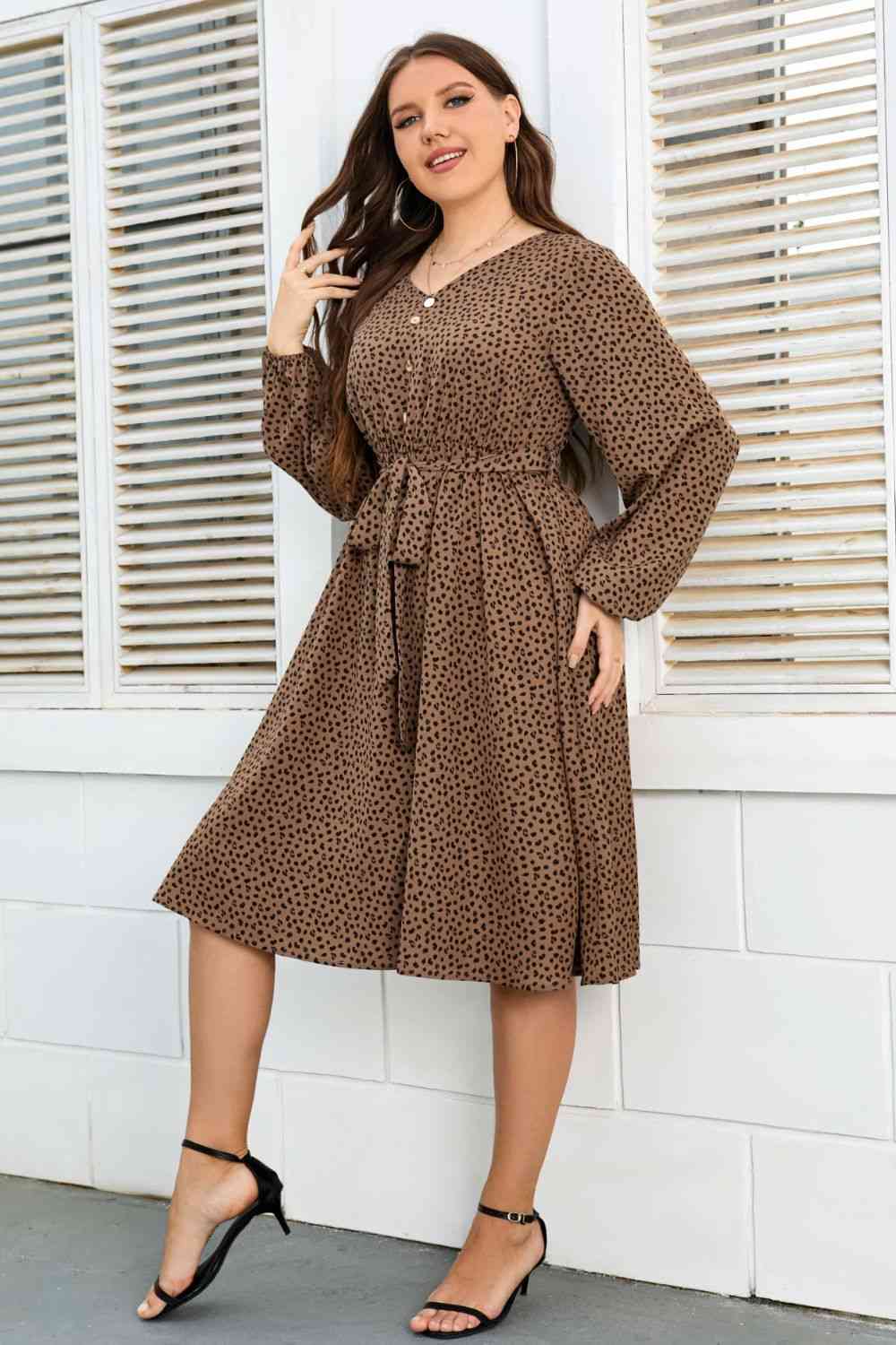 Plus Size Printed V-Neck Balloon Sleeve Tie Waist Dress - TRENDMELO