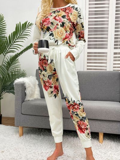 Printed Round Neck Top and Drawstring Pants Lounge Set - TRENDMELO